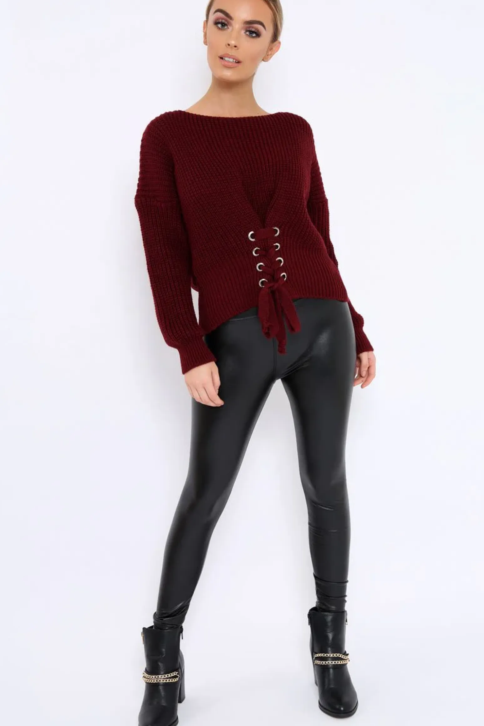 Rebellious Fashion Wine Chunky Knit Corset Waist Knitted Jumper - Mikayla