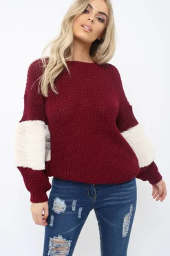 Rebellious Fashion Wine Chunky Knit Fur Sleeve Jumper - Kimberly
