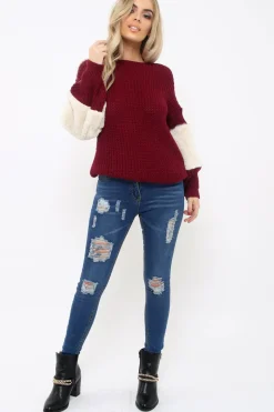 Rebellious Fashion Wine Chunky Knit Fur Sleeve Jumper - Kimberly