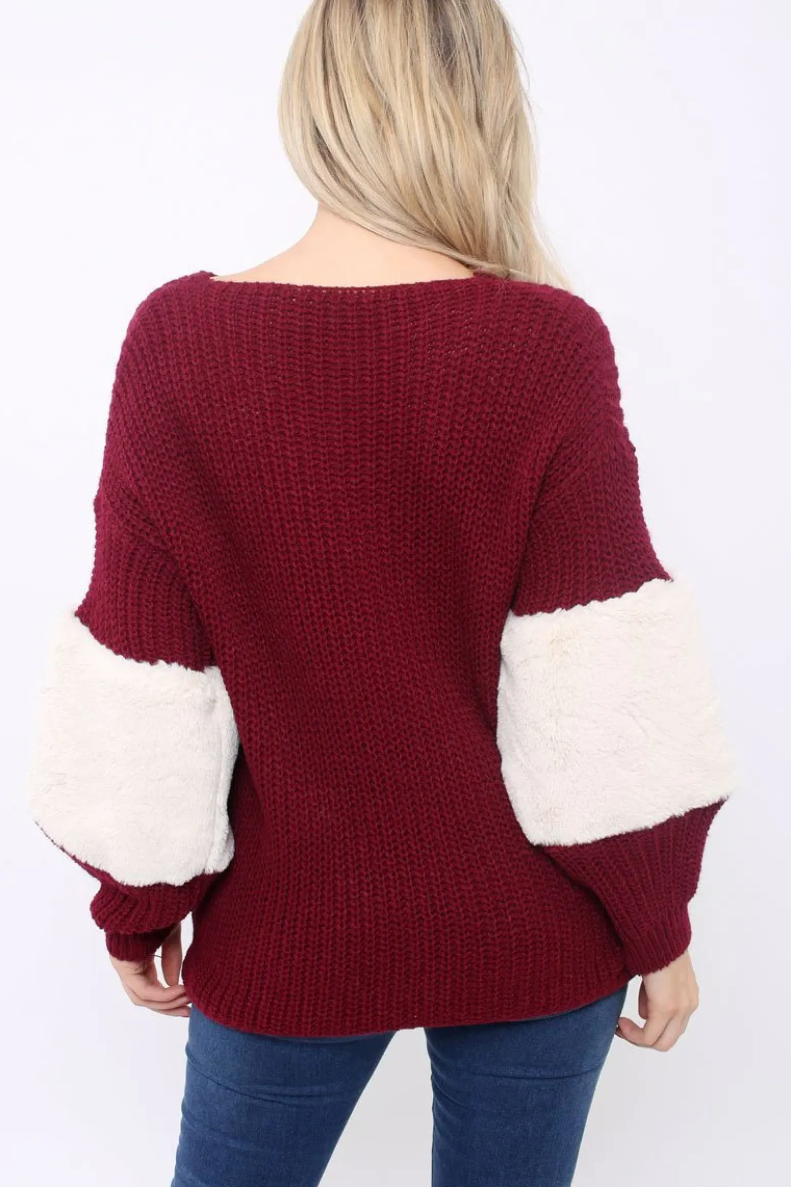 Rebellious Fashion Wine Chunky Knit Fur Sleeve Jumper - Kimberly