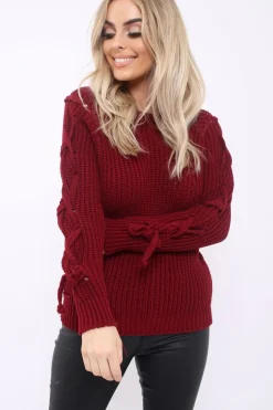 Rebellious Fashion Wine Chunky Knit Lace Up Sleeve Jumper - Sarah
