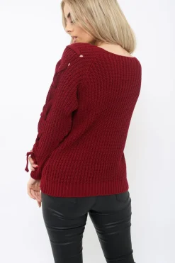 Rebellious Fashion Wine Chunky Knit Lace Up Sleeve Jumper - Sarah