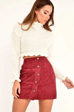 Rebellious Fashion Wine Corduroy Button Front Mini Skirt - Elcie