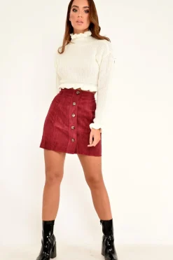 Rebellious Fashion Wine Corduroy Button Front Mini Skirt - Elcie