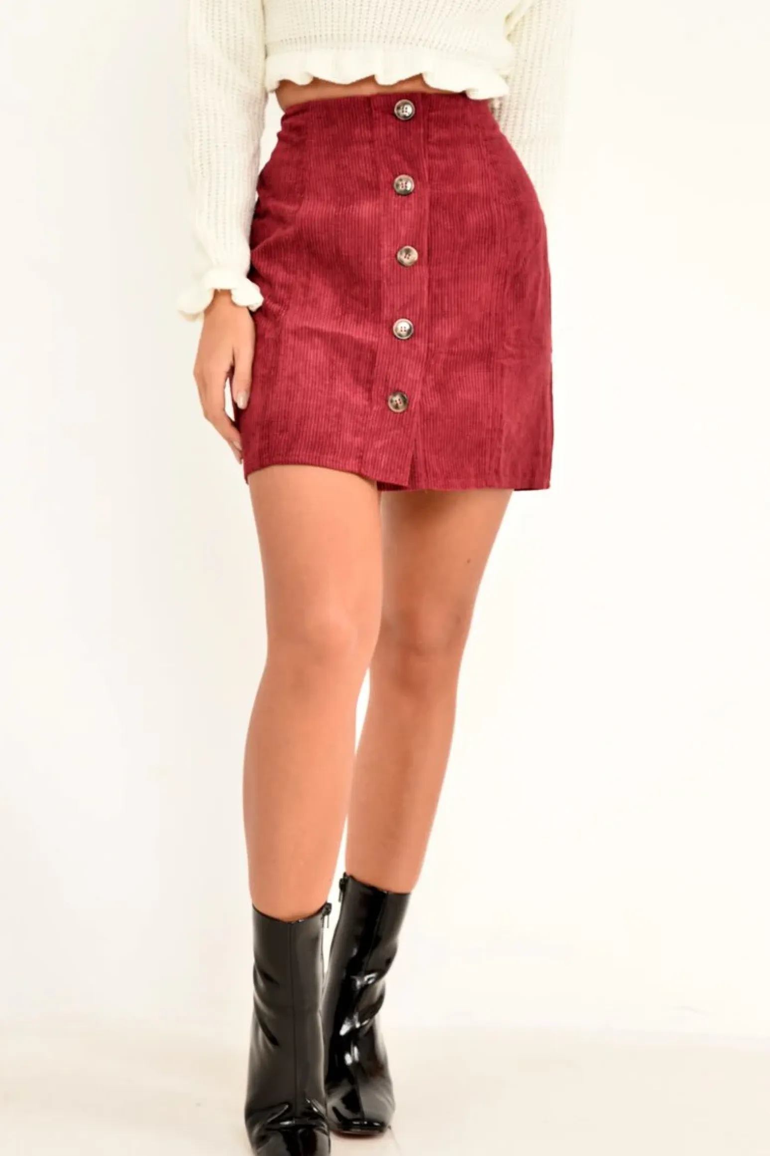 Rebellious Fashion Wine Corduroy Button Front Mini Skirt - Elcie