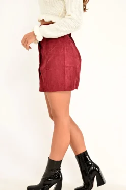 Rebellious Fashion Wine Corduroy Button Front Mini Skirt - Elcie