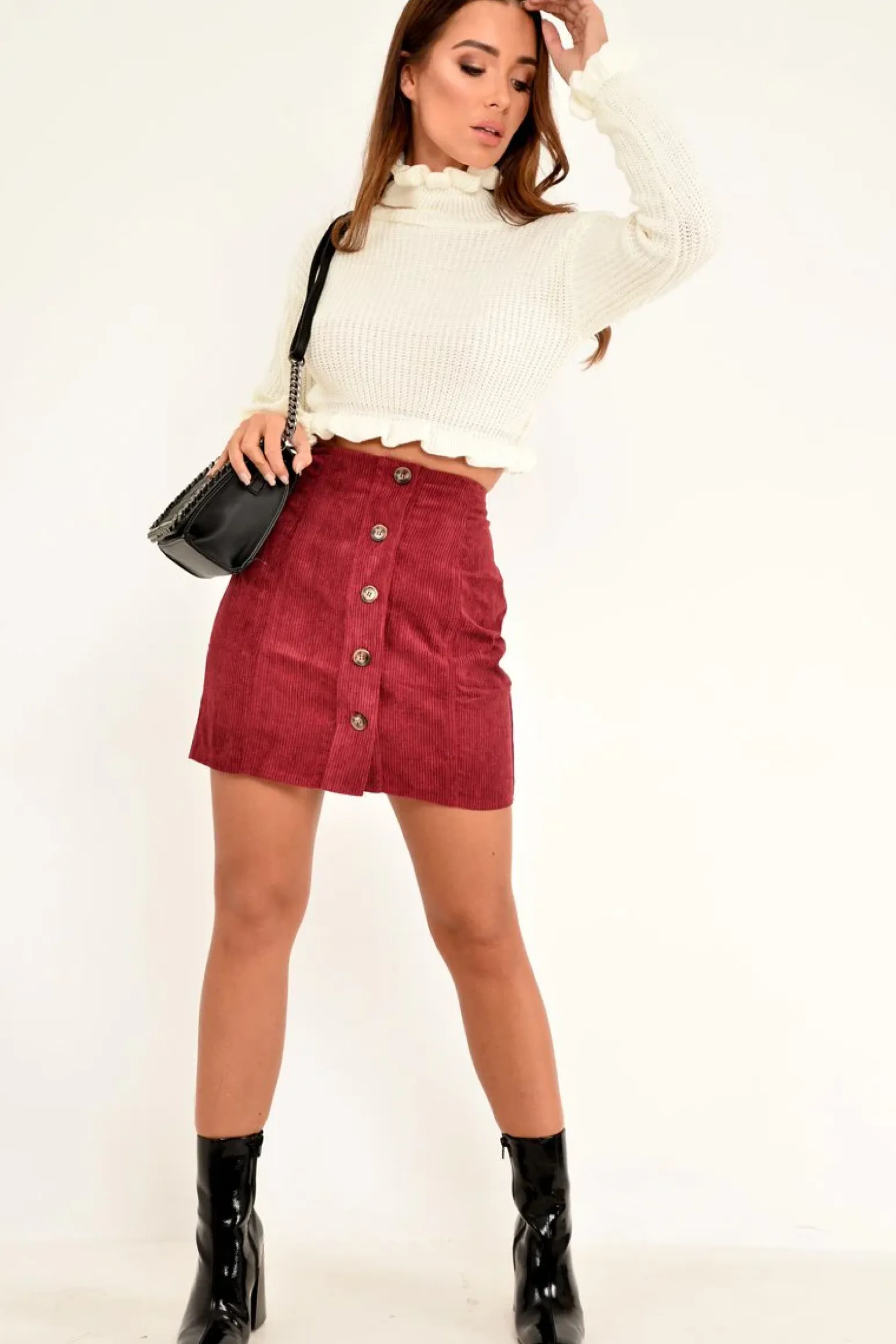 Rebellious Fashion Wine Corduroy Button Front Mini Skirt - Elcie
