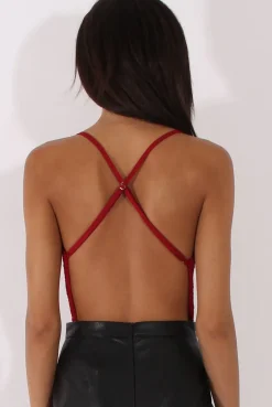 Rebellious Fashion Wine Crochet Cross Back Bodysuit - Crecia