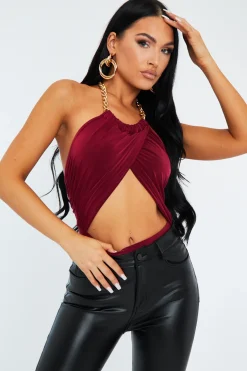 Rebellious Fashion Wine Crossover Chain Halterneck Bodysuit - Mariel