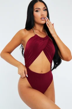 Rebellious Fashion Wine Crossover Chain Halterneck Bodysuit - Mariel