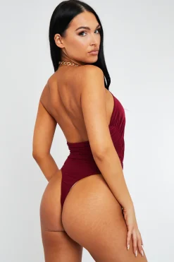Rebellious Fashion Wine Crossover Chain Halterneck Bodysuit - Mariel