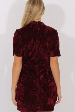 Rebellious Fashion Wine Crushed Velvet Choker Plunge Dress - Sonia