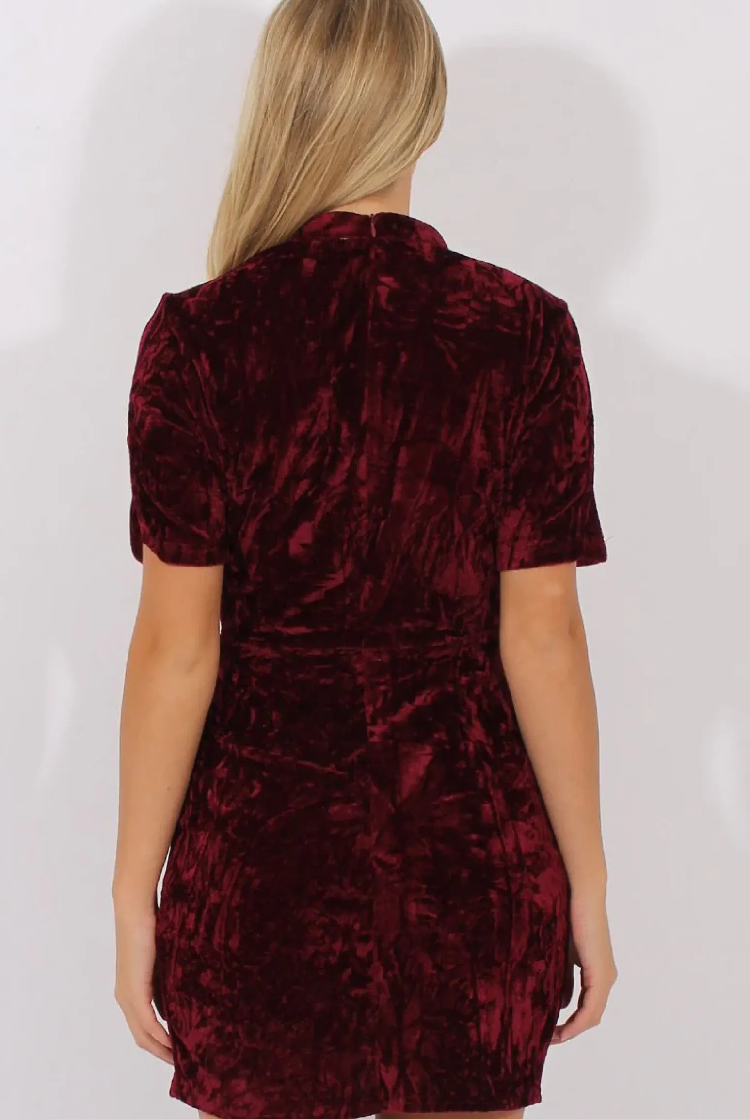 Rebellious Fashion Wine Crushed Velvet Choker Plunge Dress - Sonia