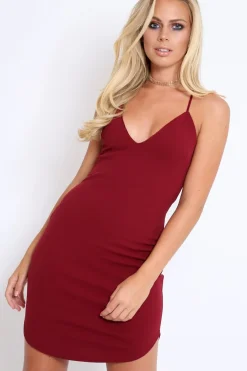 Rebellious Fashion Wine Curved Hem Cross Strap Bodycon Dress - Kimmie