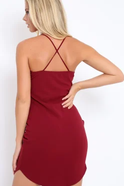 Rebellious Fashion Wine Curved Hem Cross Strap Bodycon Dress - Kimmie
