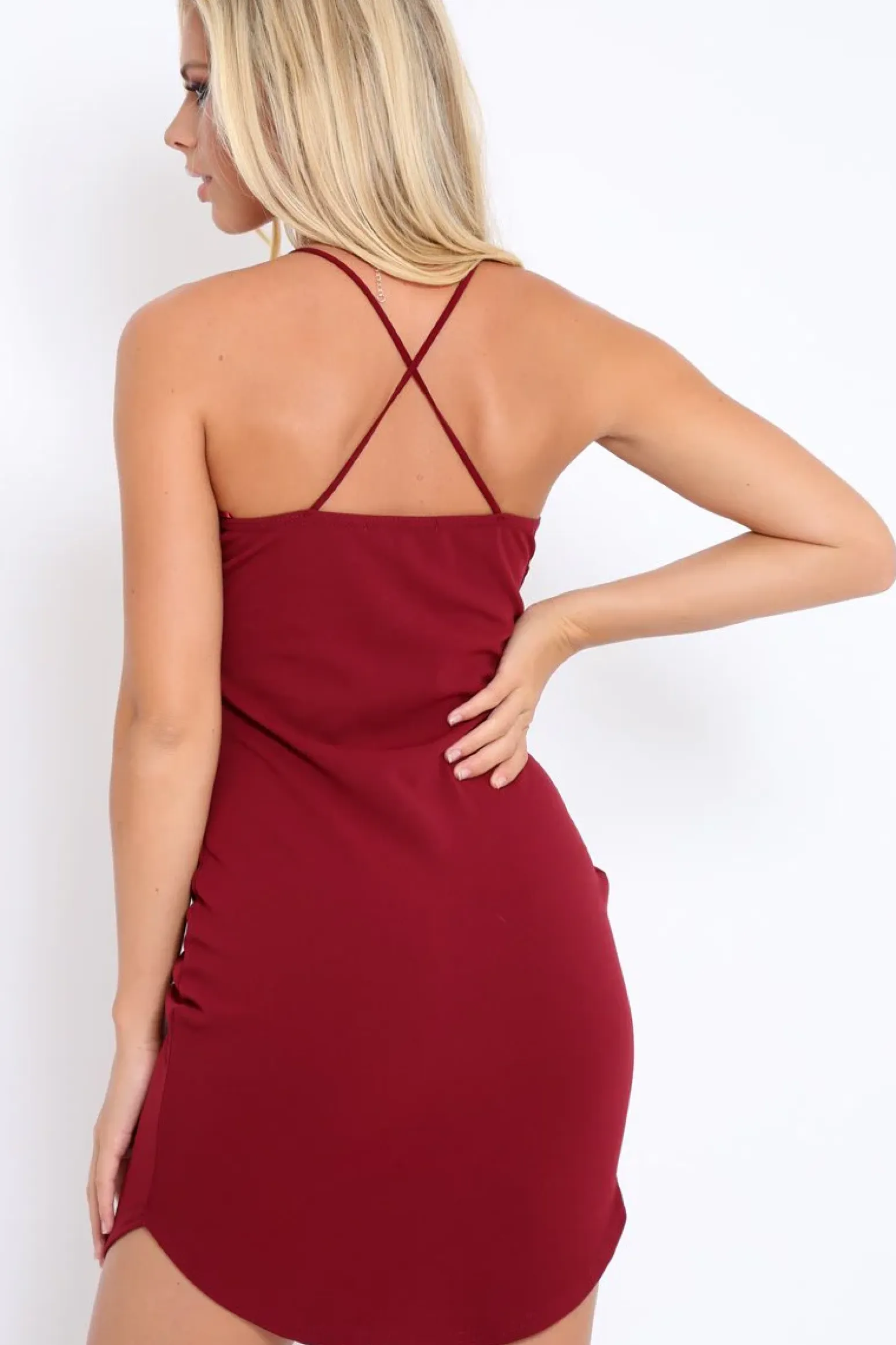 Rebellious Fashion Wine Curved Hem Cross Strap Bodycon Dress - Kimmie