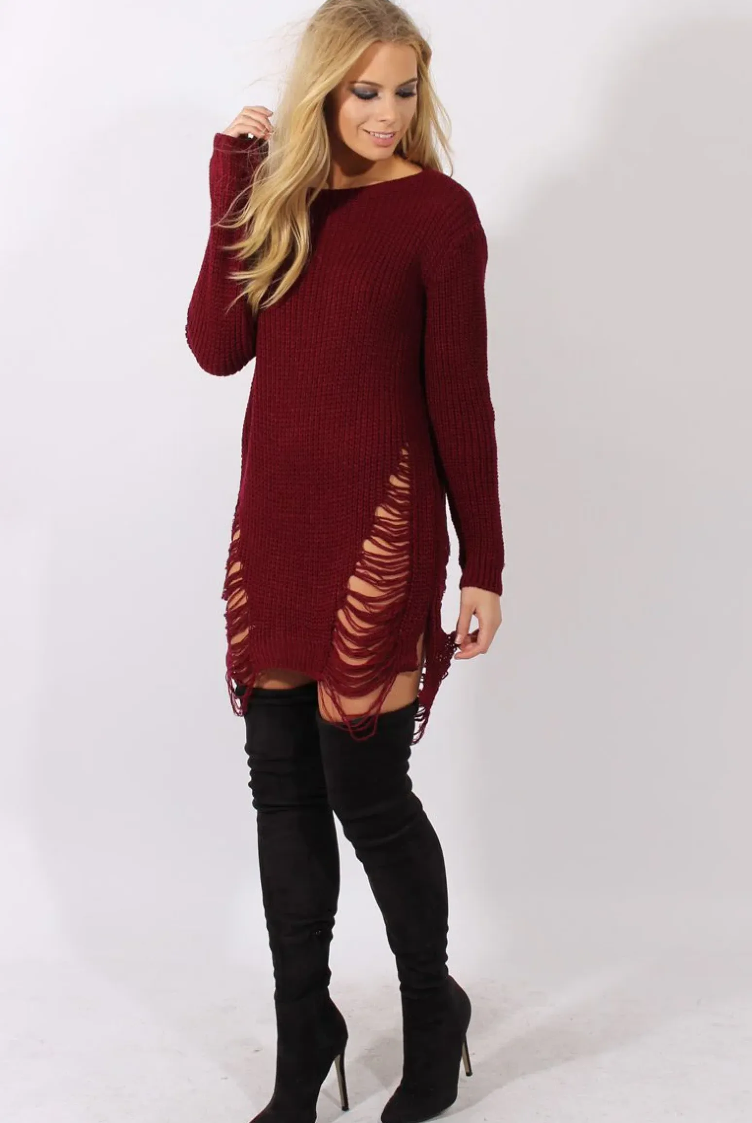 Rebellious Fashion Wine Distressed Jumper Dress - Kim