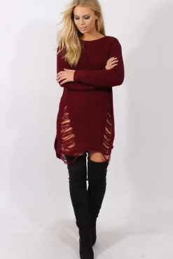 Rebellious Fashion Wine Distressed Jumper Dress - Kim