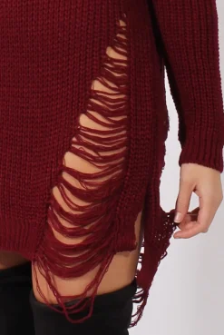 Rebellious Fashion Wine Distressed Jumper Dress - Kim