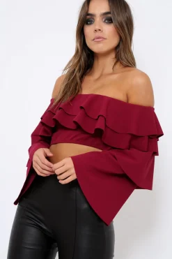 Rebellious Fashion Wine extreme Layered Frill Bardot Crop Top - Nevaeh
