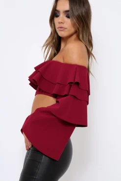 Rebellious Fashion Wine extreme Layered Frill Bardot Crop Top - Nevaeh