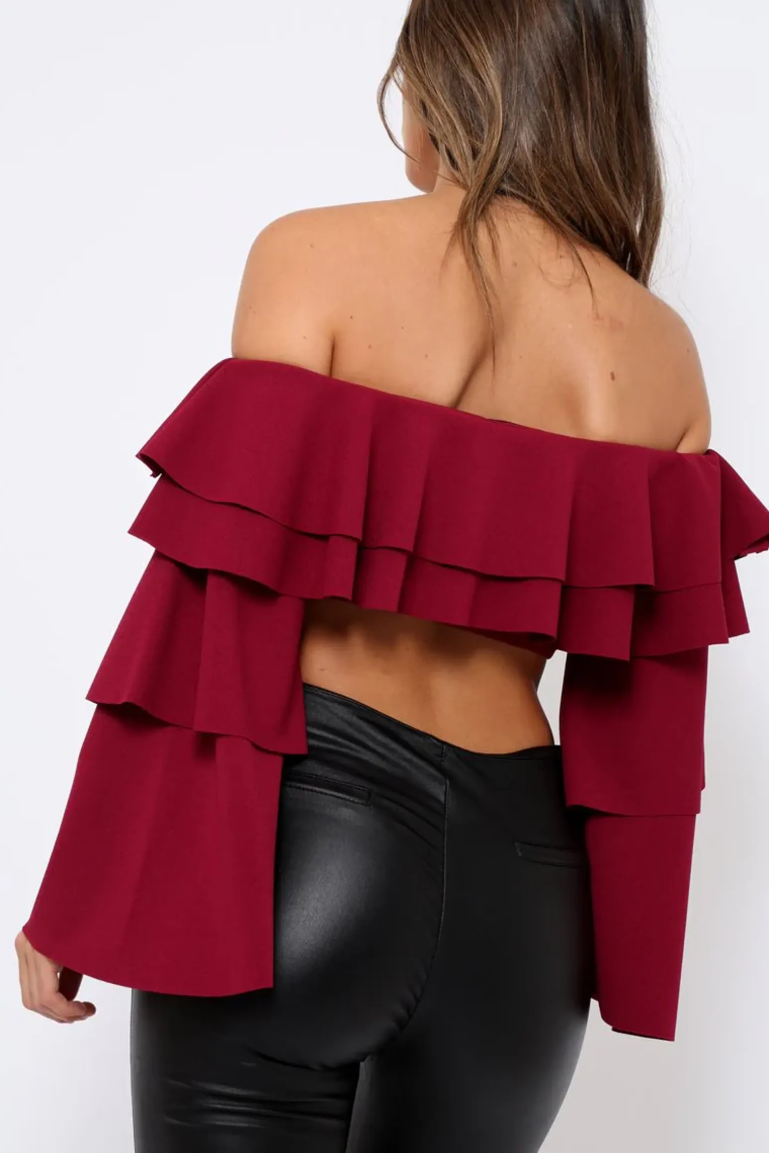 Rebellious Fashion Wine extreme Layered Frill Bardot Crop Top - Nevaeh