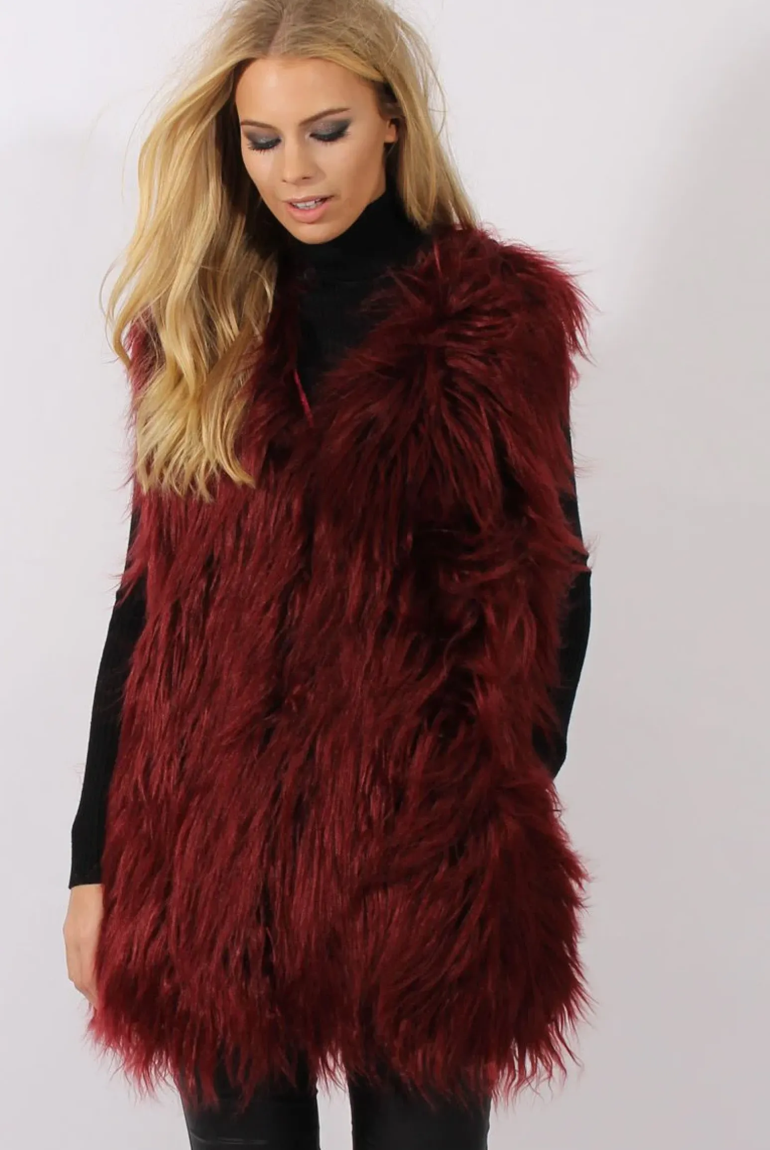 Rebellious Fashion Wine Faux Fur Shaggy Gilet - Liberty