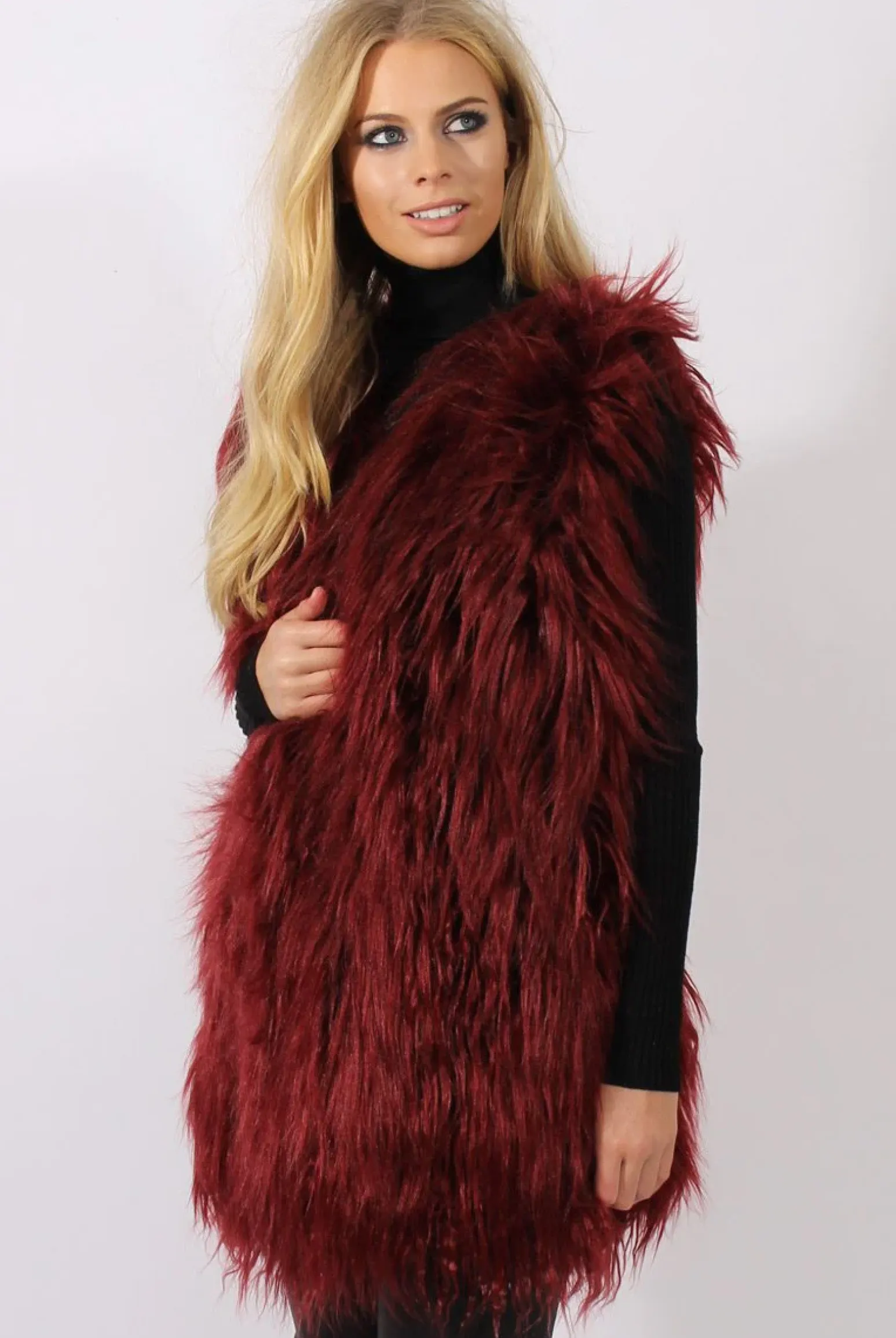 Rebellious Fashion Wine Faux Fur Shaggy Gilet - Liberty