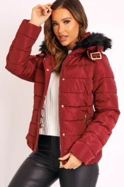 Rebellious Fashion Wine Faux Fur Trim Hood Padded Coat - Jessabelle