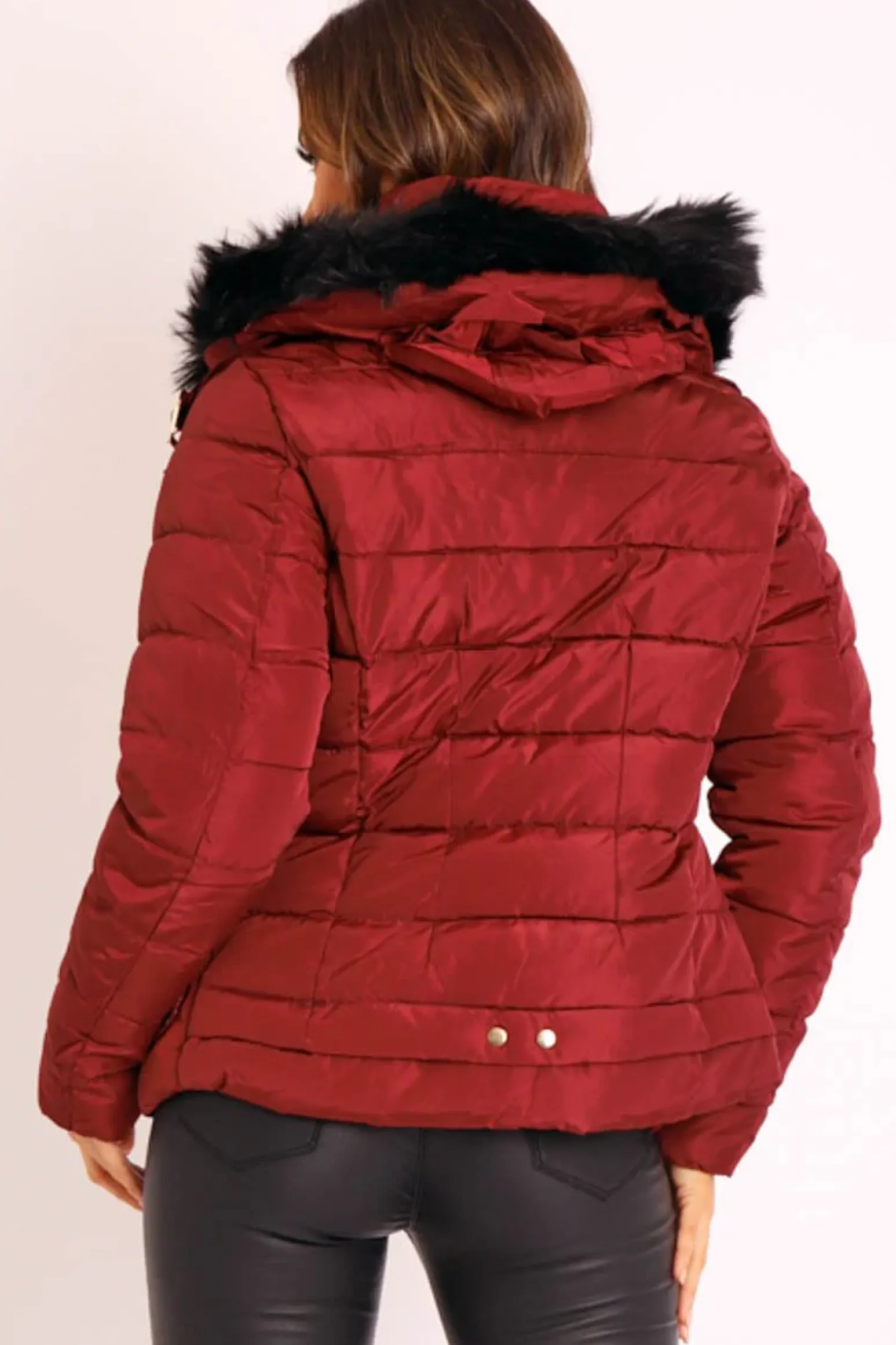 Rebellious Fashion Wine Faux Fur Trim Hood Padded Coat - Jessabelle