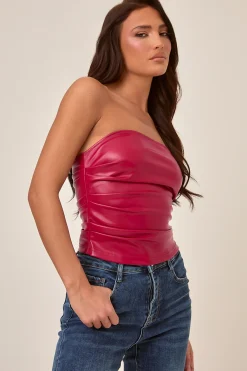 Rebellious Fashion Wine Faux Leather Bandeau Top - Lizy