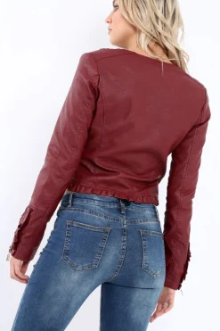 Rebellious Fashion Wine Faux Leather Biker Jacket - Colleen