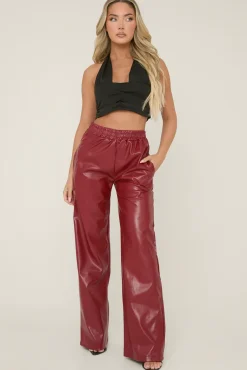 Rebellious Fashion Wine Faux Leather Elastic Waist Wide Leg Trousers - Frankie