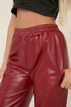 Rebellious Fashion Wine Faux Leather Elastic Waist Wide Leg Trousers - Frankie
