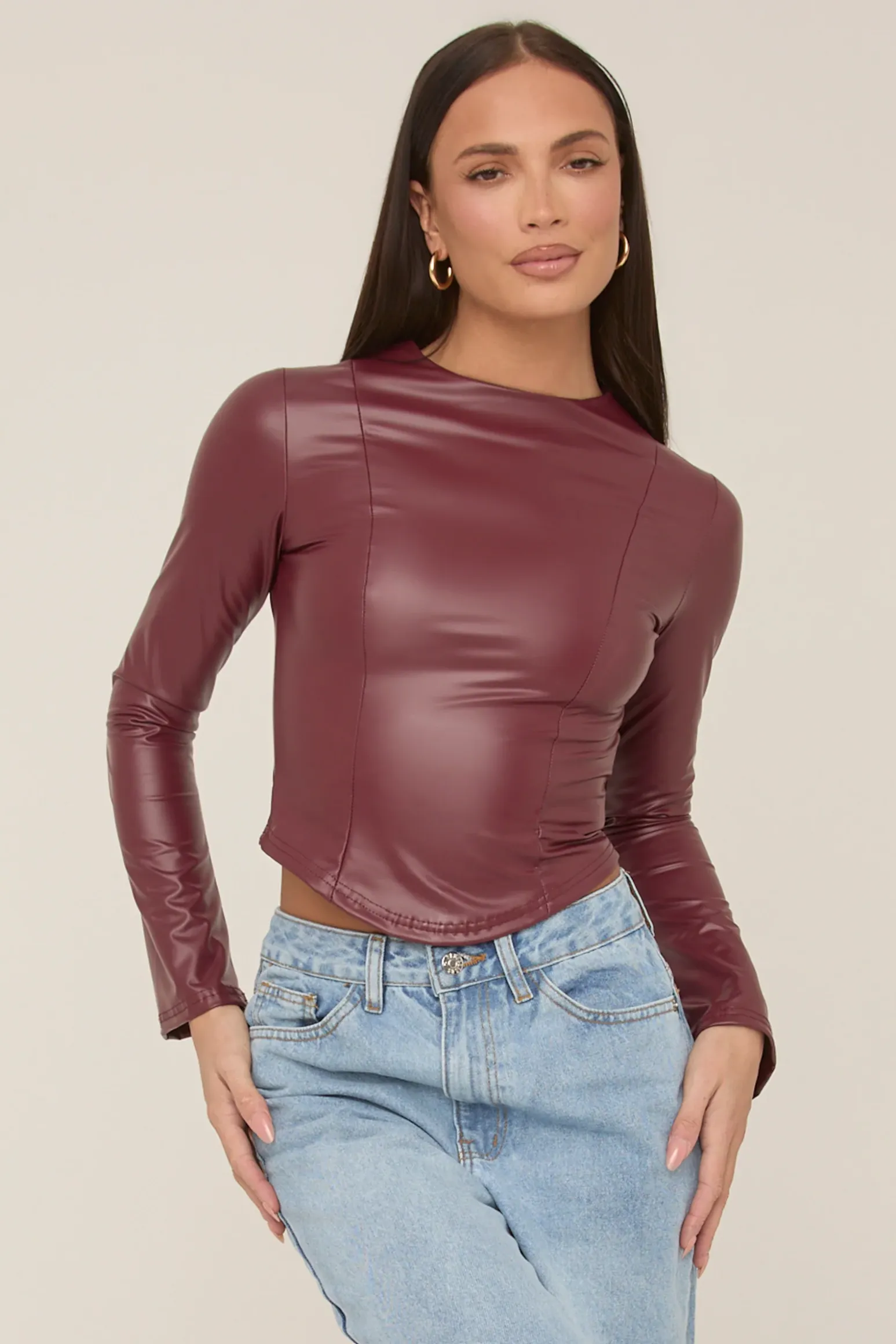 Rebellious Fashion Wine Faux Leather Long Sleeve Top - Storm