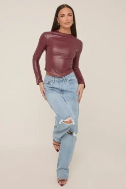 Rebellious Fashion Wine Faux Leather Long Sleeve Top - Storm