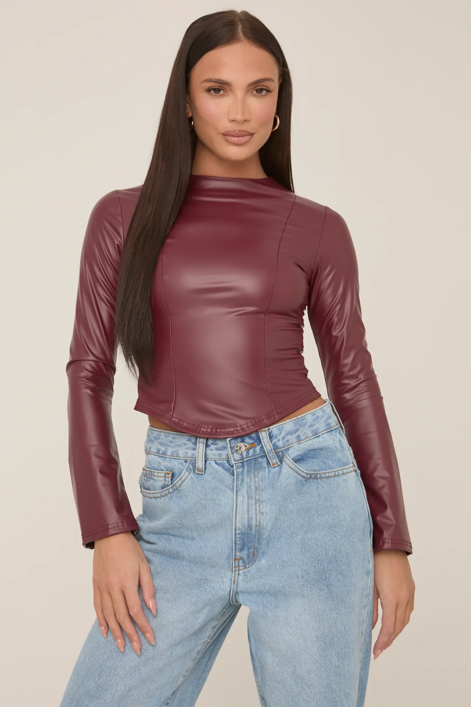 Rebellious Fashion Wine Faux Leather Long Sleeve Top - Storm