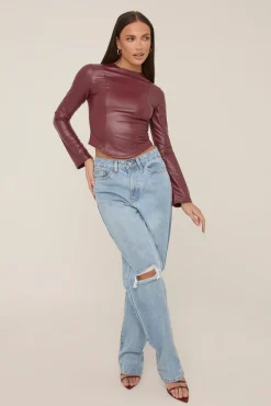 Rebellious Fashion Wine Faux Leather Long Sleeve Top - Storm