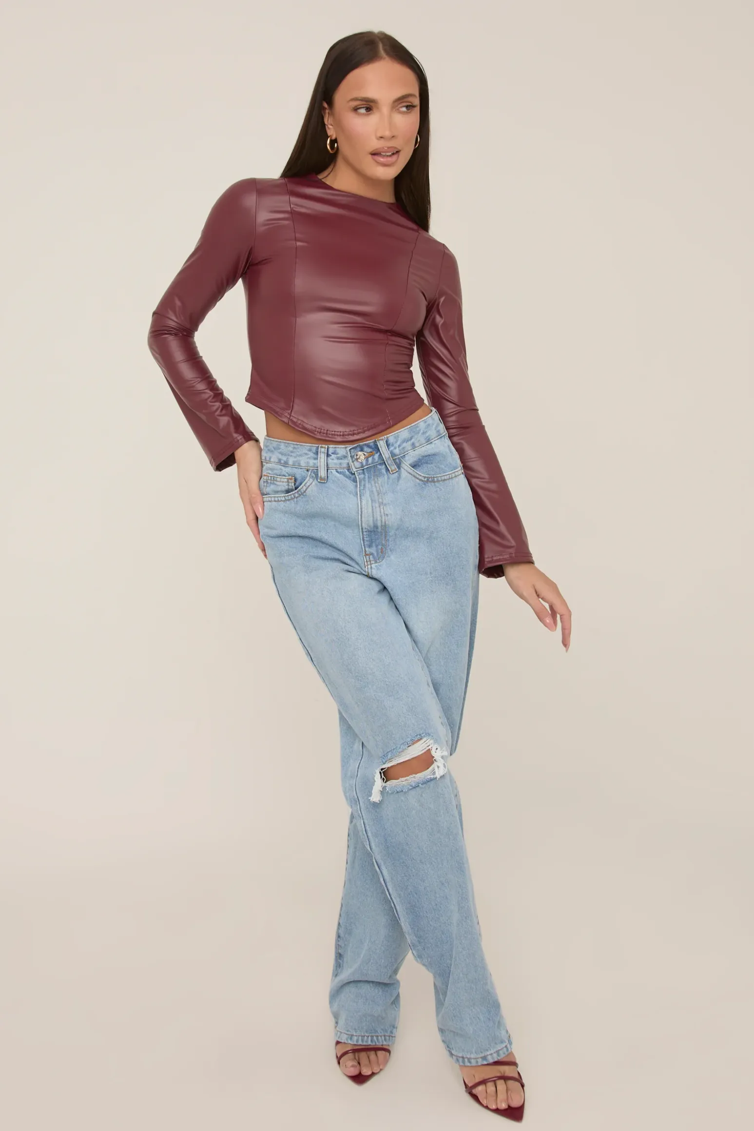Rebellious Fashion Wine Faux Leather Long Sleeve Top - Storm