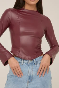 Rebellious Fashion Wine Faux Leather Long Sleeve Top - Storm