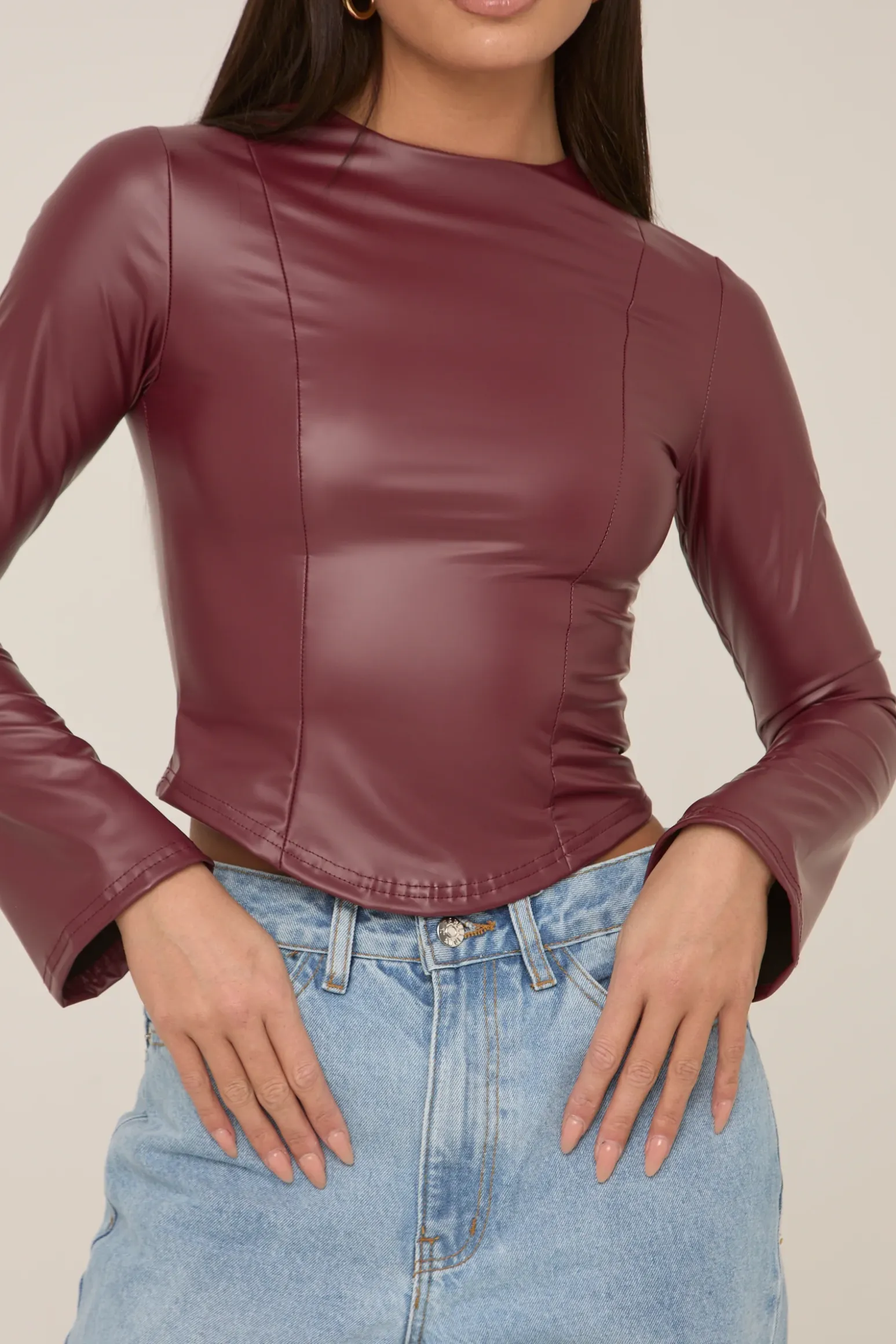 Rebellious Fashion Wine Faux Leather Long Sleeve Top - Storm
