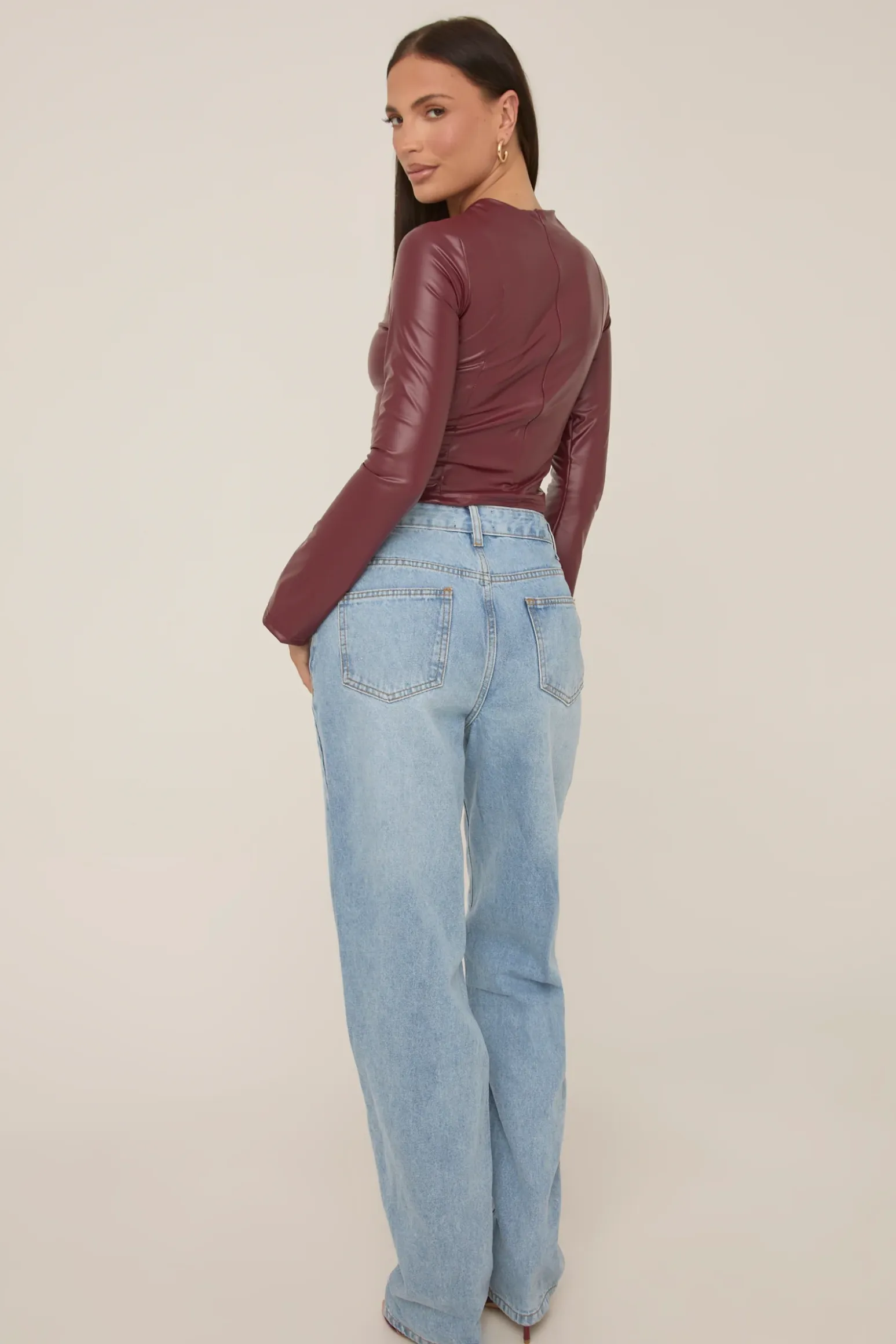 Rebellious Fashion Wine Faux Leather Long Sleeve Top - Storm