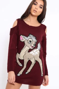 Rebellious Fashion Wine Festive Deer Cold Shouldered Jumper Dress - Catarina