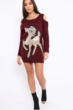 Rebellious Fashion Wine Festive Deer Cold Shouldered Jumper Dress - Catarina