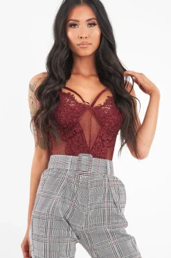 Rebellious Fashion Wine Fishnet Floral Lace Strappy Mesh Bodysuit - Hallee