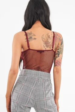 Rebellious Fashion Wine Fishnet Floral Lace Strappy Mesh Bodysuit - Hallee