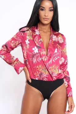 Rebellious Fashion Wine Floral Plunge Satin Bodysuit - Rebeka