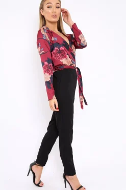 Rebellious Fashion Wine Floral Plunge Satin Wrap Front Jumpsuit - Talulah