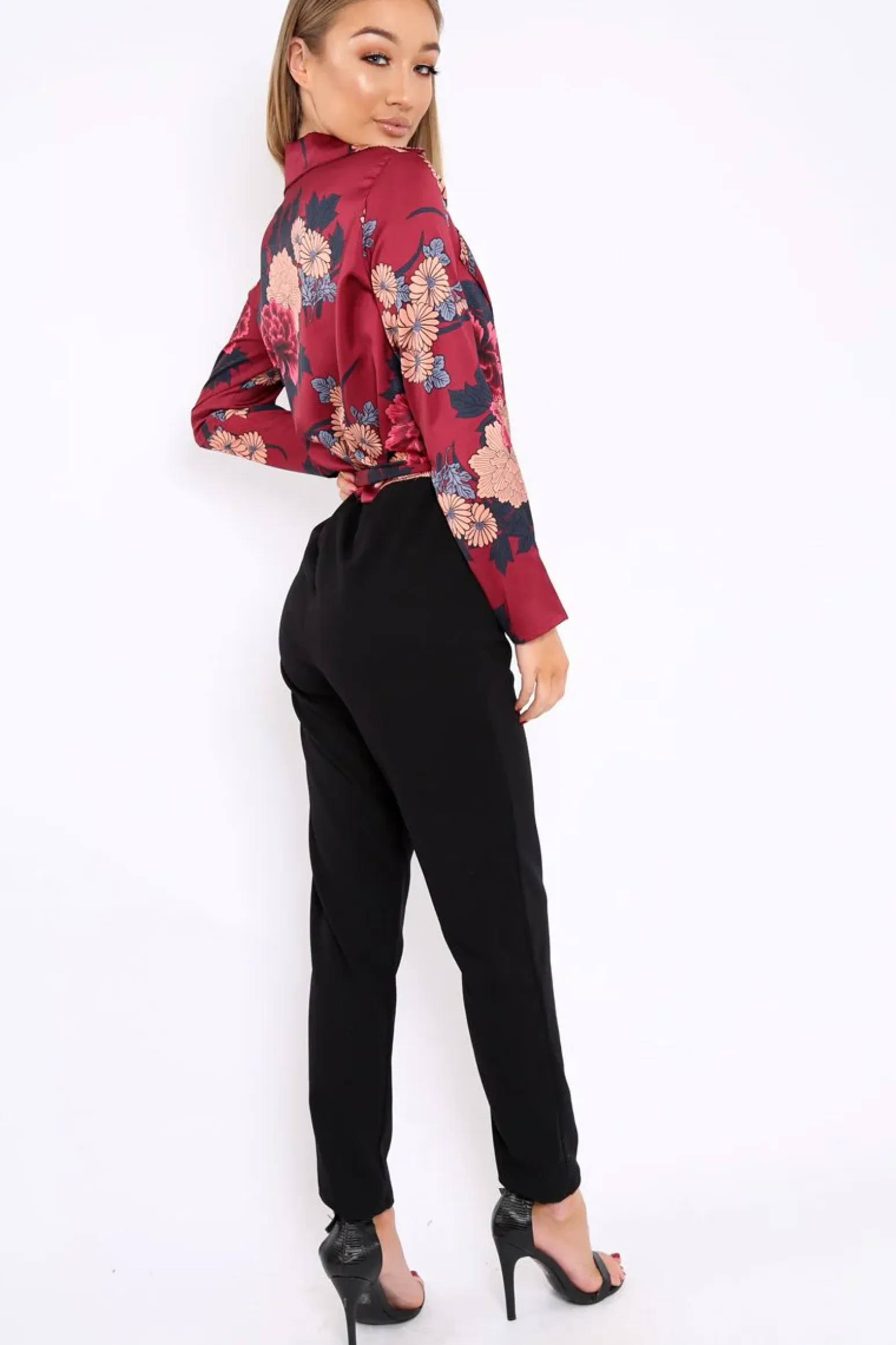 Rebellious Fashion Wine Floral Plunge Satin Wrap Front Jumpsuit - Talulah