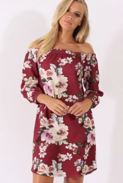 Rebellious Fashion Wine Floral Print Bardot Dress - Cammi